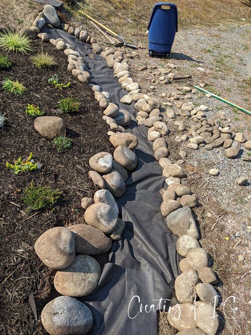 some rocks are lined up along the edge of a garden