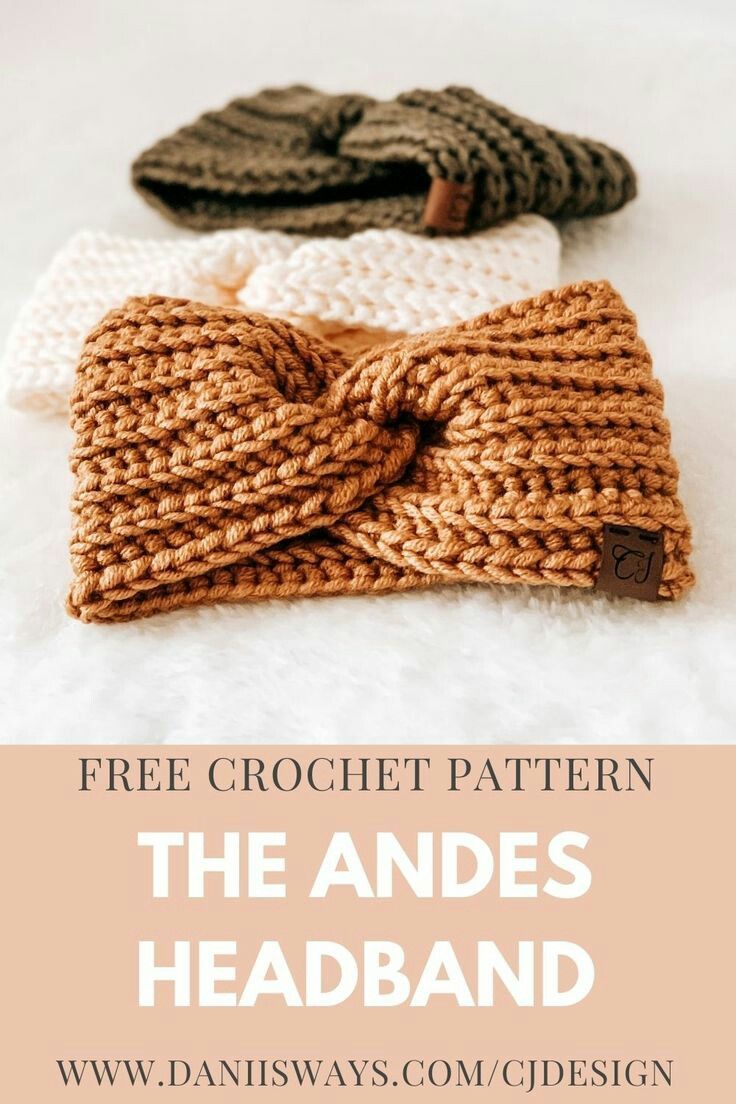 three crochet headbands with text overlay that reads free crochet pattern the andes headband