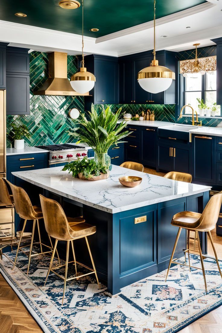 a kitchen with blue cabinets, gold accents and an island in front of the sink