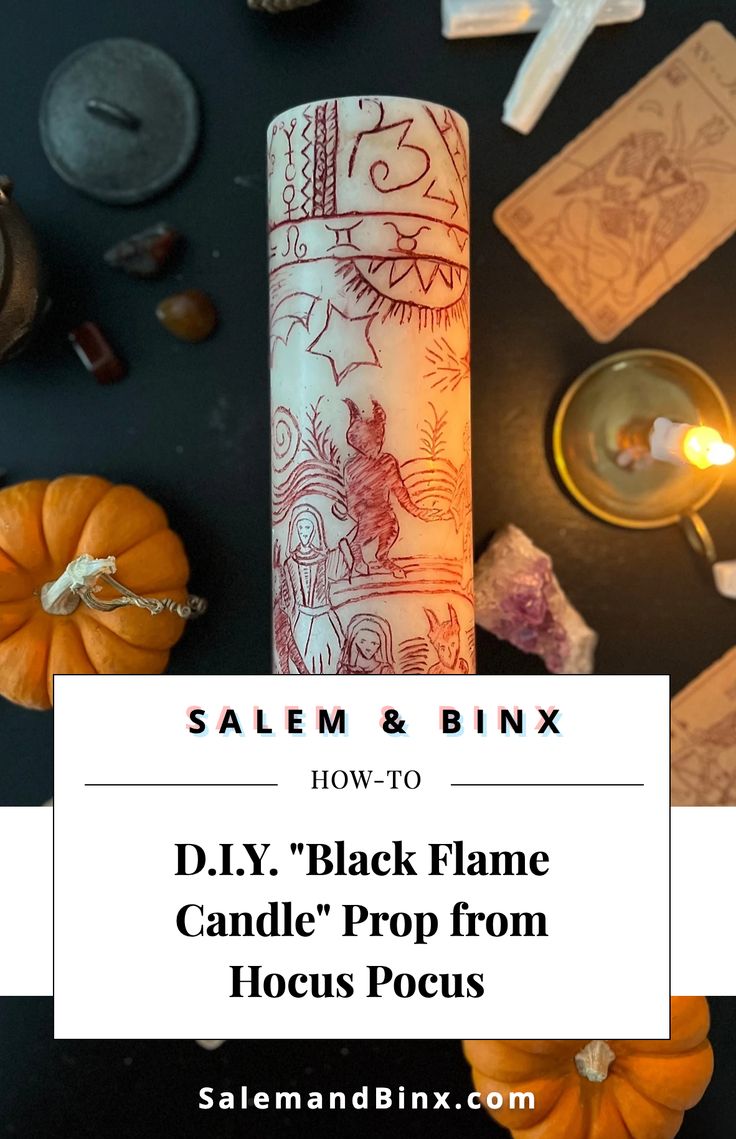 a candle with the words salem and binx on it next to other items that include candles