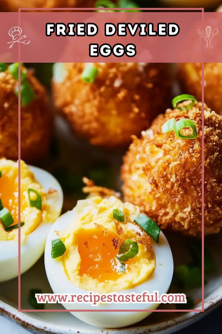 fried deviled eggs on a plate with green onions