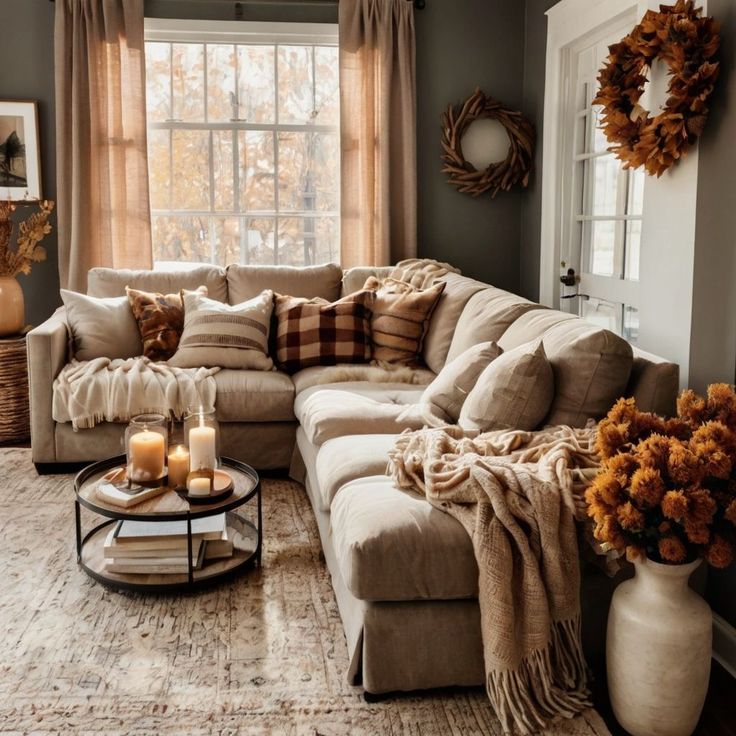 a living room filled with furniture and candles