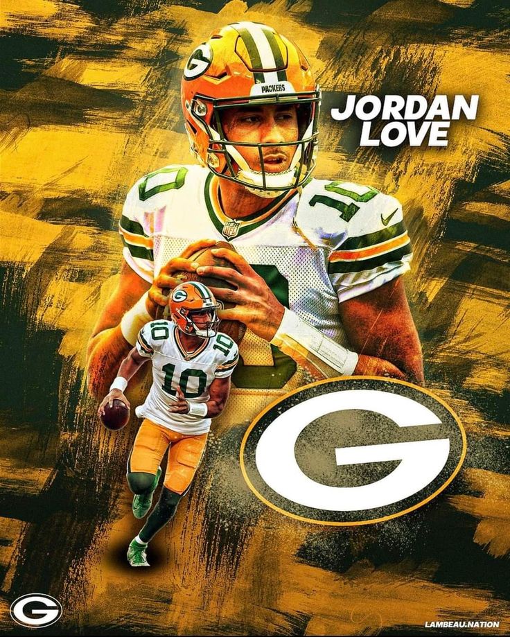 a green bay packers player holding a football in his right hand with the words jordan love on it