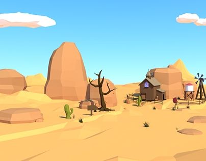 an animated desert scene with houses and trees