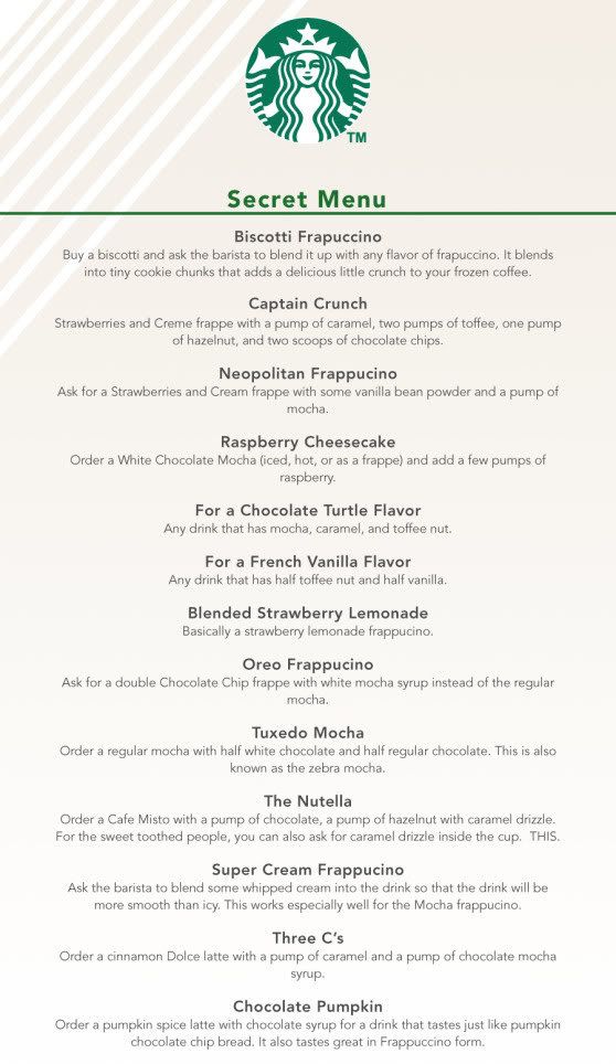 the menu for starbucks's secret menu