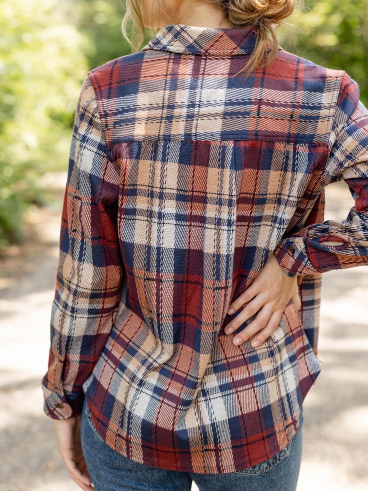 Elevate your fall style with our cozy knit plaid shirt! This collared long sleeve top is perfect for pairing with your favorite cuffed denim, providing both comfort and style. Embrace the season with an effortlessly chic look. Model is wearing a size S. Approx. length 27" measured from a S. 48% Polyester, 47% Rayon, 5% Spandex Knit Plaid, Bridal Shower Outfit, Plaid Top, Dressy Dresses, Athleisure Fashion, Mother Denim, Cozy Knit, Long Sleeve Plaid, Maxi Dresses Casual