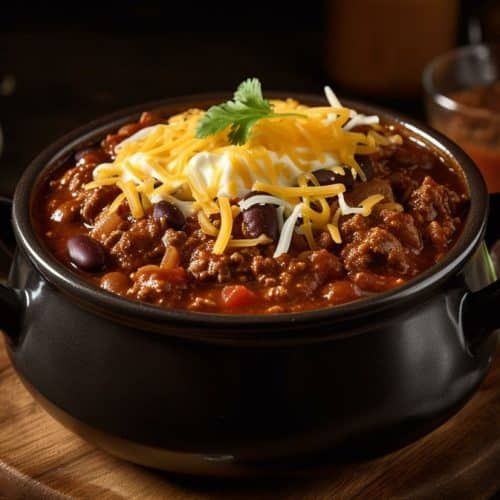 chili with cheese and sour cream in a black pot