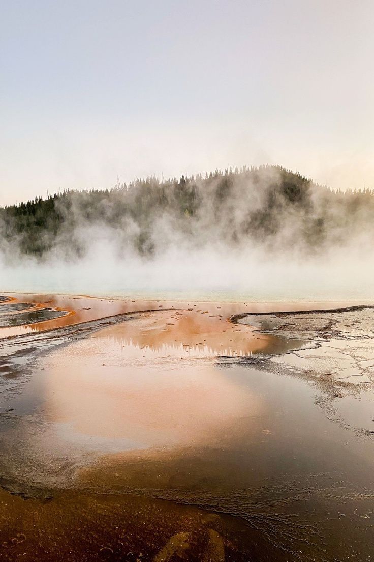 steam rises from the ground near a body of water