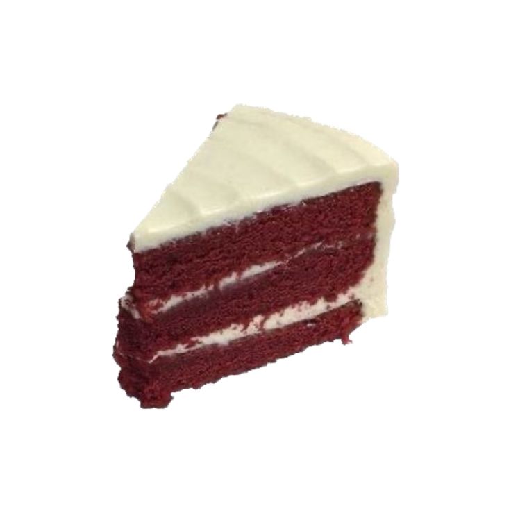 a slice of red velvet cake with white frosting