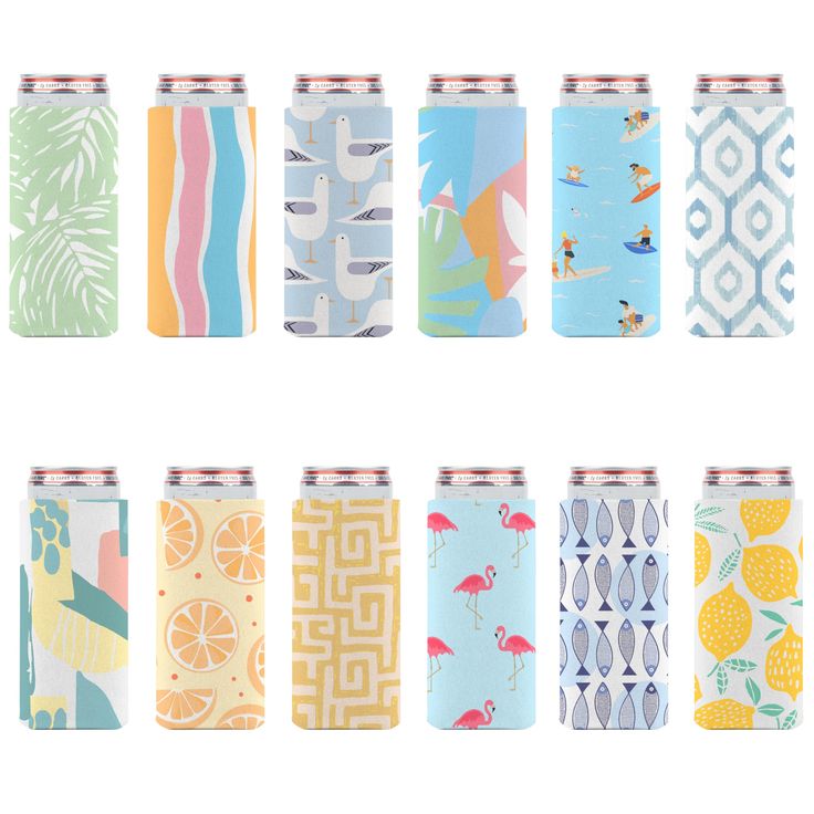 six different types of can coolers with tropical designs on them, all lined up in rows