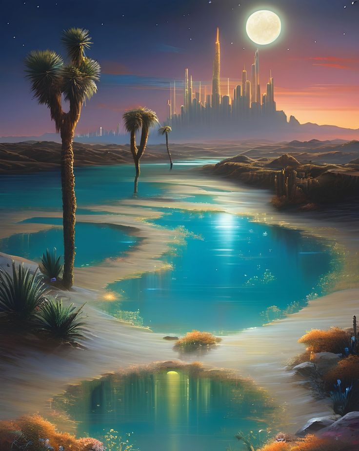 a painting of an alien landscape with water and palm trees in front of the moon