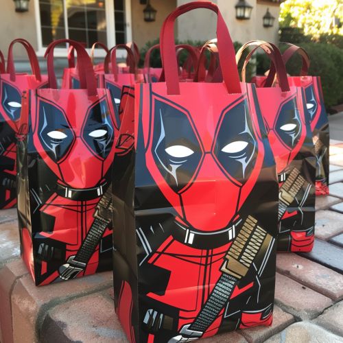 some red and black shopping bags with deadpool designs on them are sitting on a brick walkway