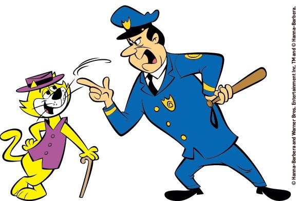 an image of a cartoon cat playing baseball with a man in blue uniform holding a bat