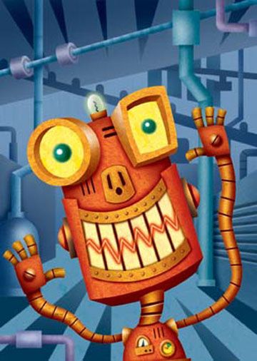 an orange robot is standing in front of pipes and piping water with his hands up