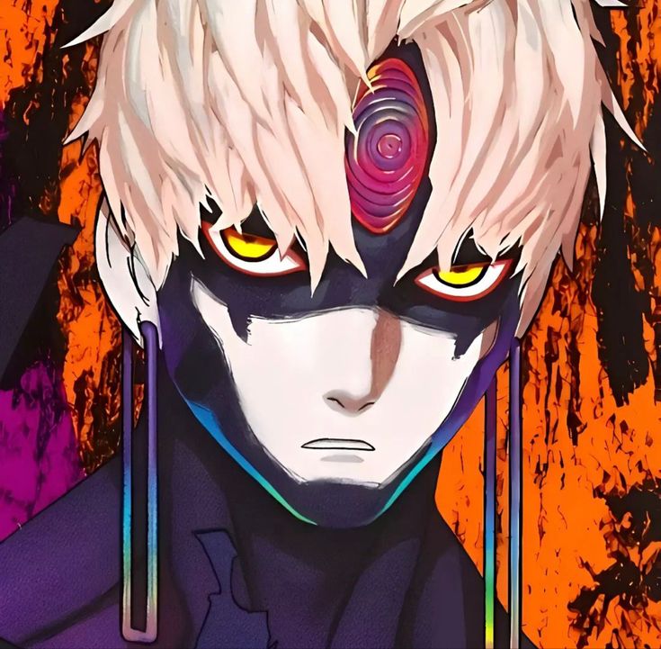 an anime character with white hair and yellow eyes looking at the camera in front of orange background