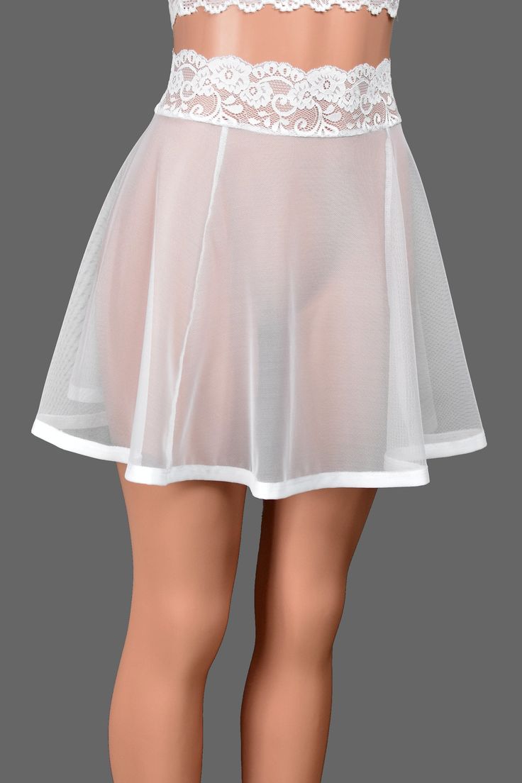 Mannequin wearing White Mesh Skirt with Lace Waistband (17 Length) Fitted White Mesh Bottoms, White Fitted Mesh Bottoms, White Sheer Mesh Bottoms, Fitted Sheer Mesh Skirt, Sheer Fitted Mesh Skirt, Stretch Mesh Tulle Skirt, White Mesh Bottoms, White Delicate Lace Skirt For Summer, White Stretch Lace Hosiery