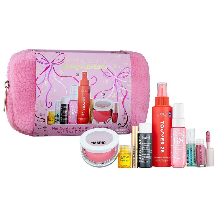 an assortment of beauty products in a pink bag on a white background with the contents displayed