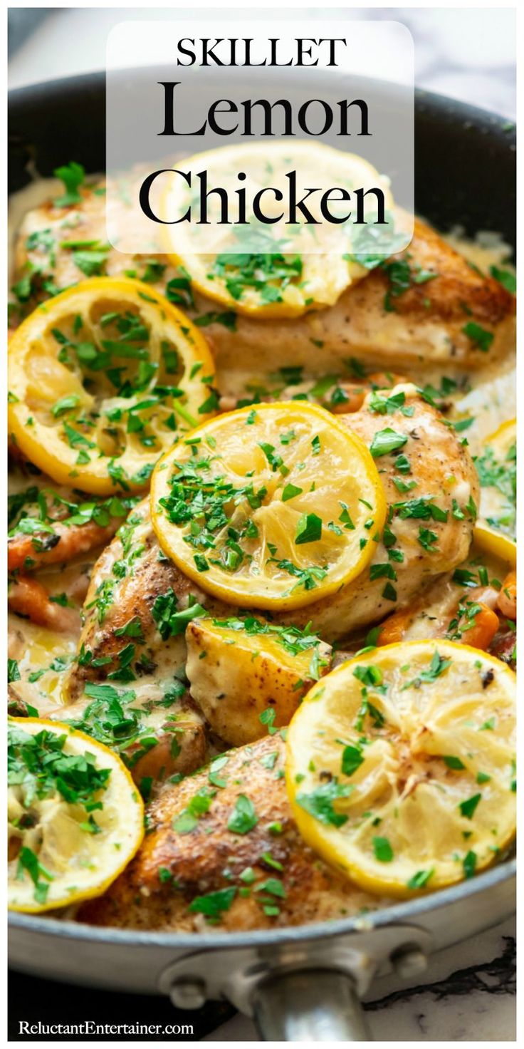 skillet lemon chicken with parsley in a pan on the stove top and text overlay that reads skillet lemon chicken