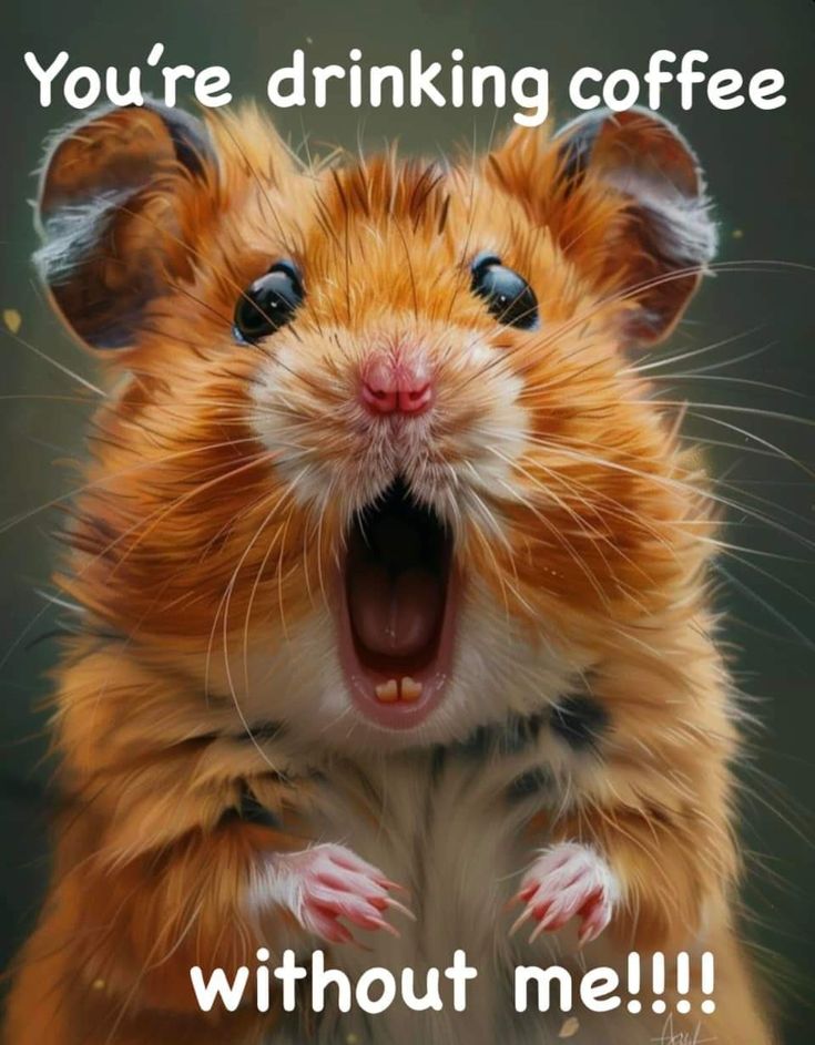 a hamster with its mouth open and the caption you're drinking coffee without me