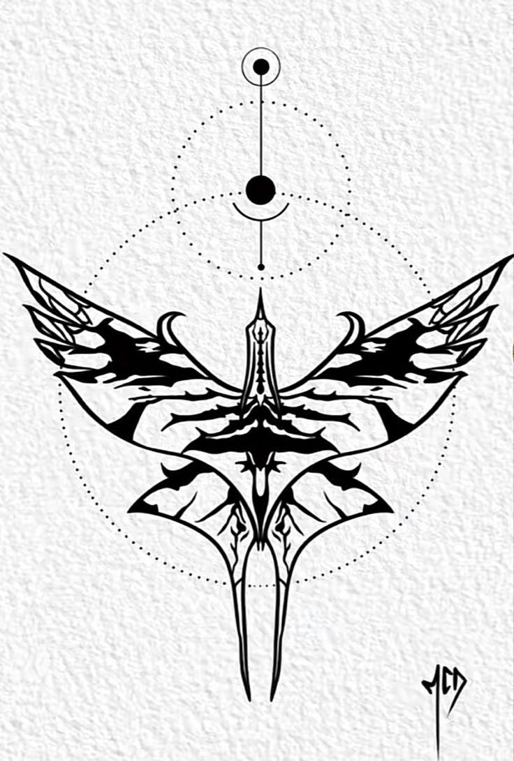 a black and white drawing of a bird with an arrow on it's wing