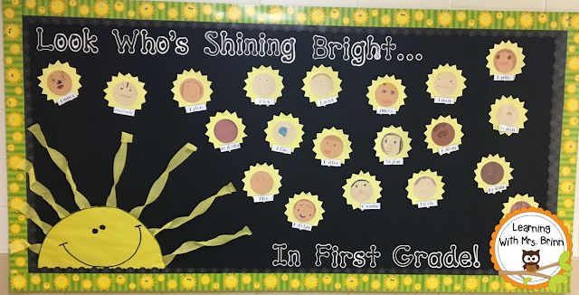 a bulletin board with the words look who's shining bright in first grade