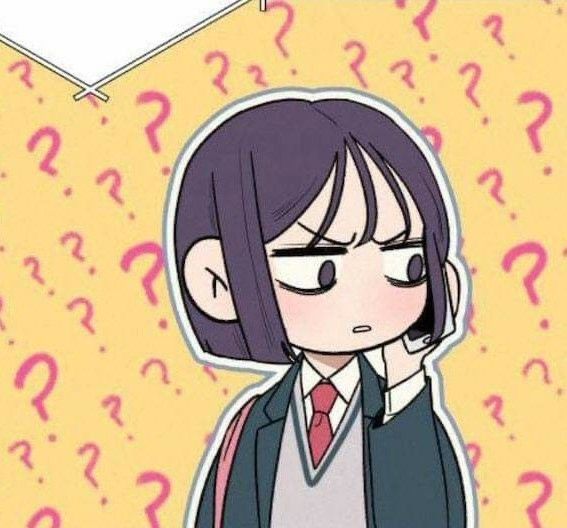 an anime character wearing a suit and tie with question marks on the wall behind her