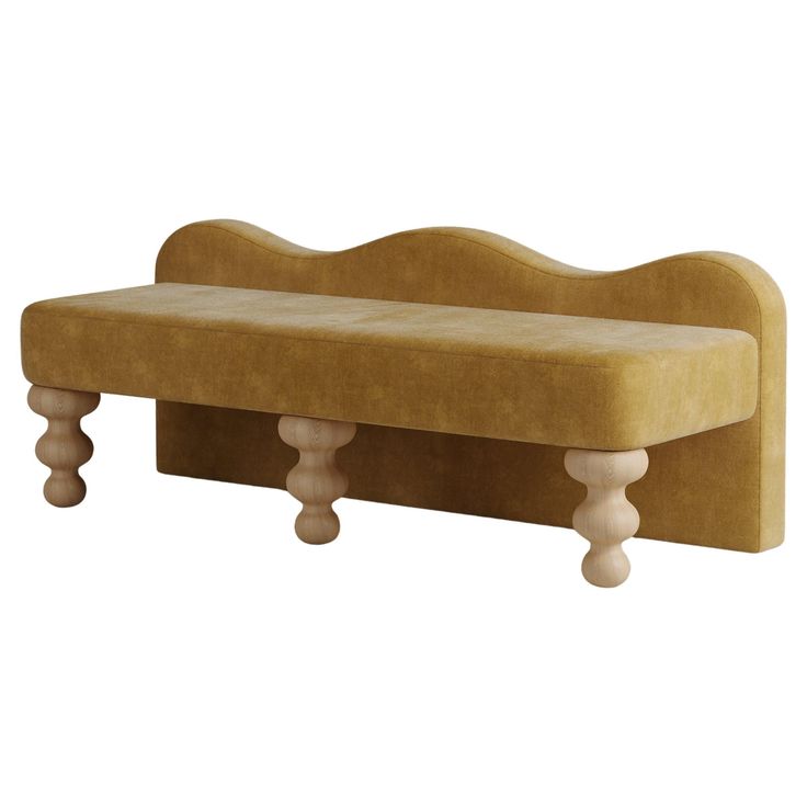 the bench is made from wood and has two legs on each side, with an upholstered back