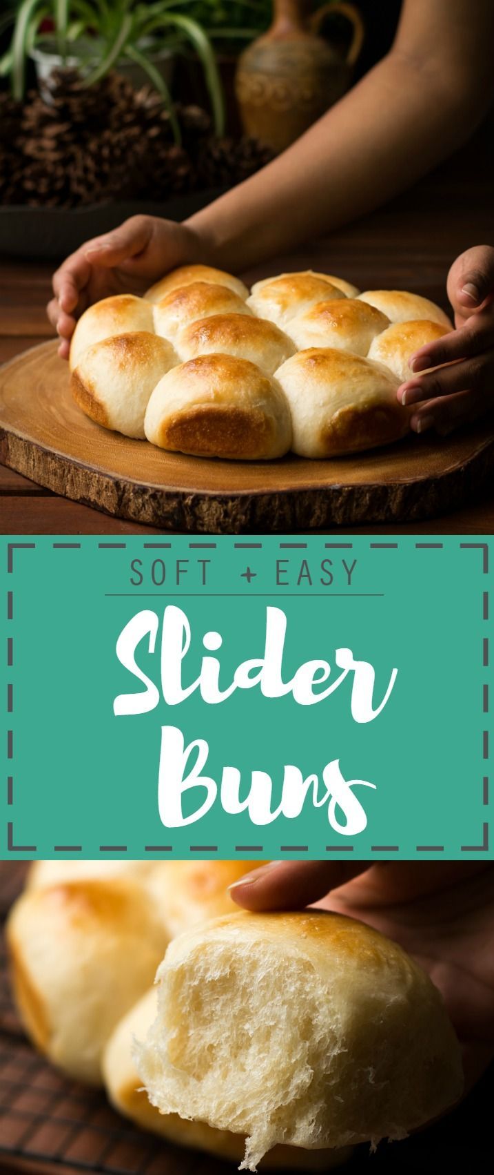 soft and easy slider buns on a wooden board with text overlay that reads soft and easy slider buns