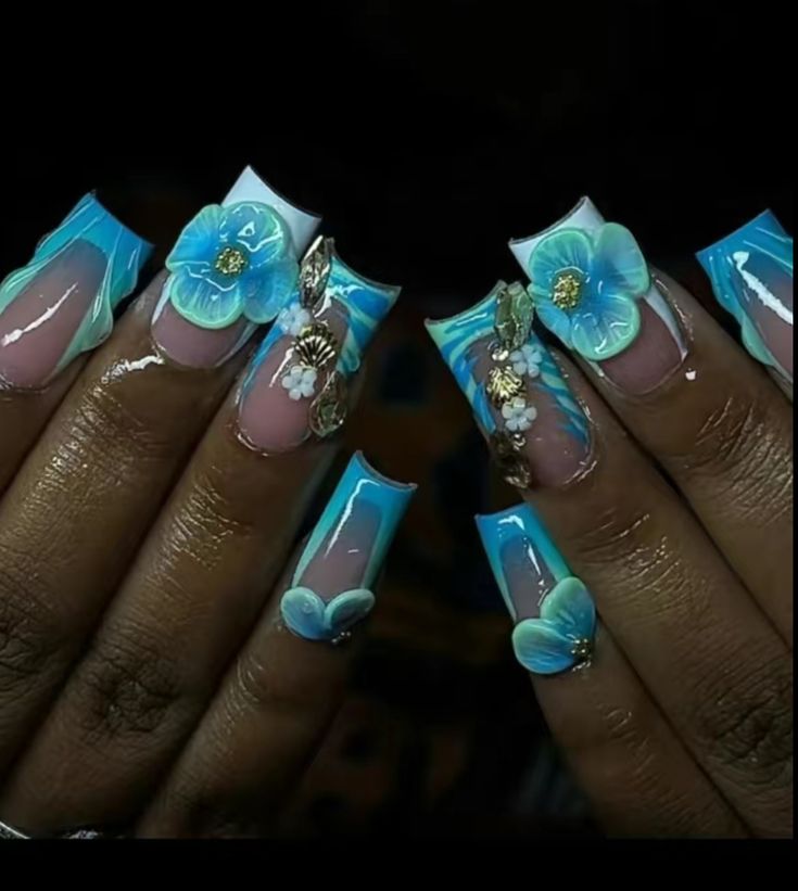 French Tip Nails Cute, Flower Nails Blue, Blue Nails French Tip, Acrylic Nails Flower, Blue Nails French, Future Nails, Nails Collection, Nails Flower, Tropical Nails