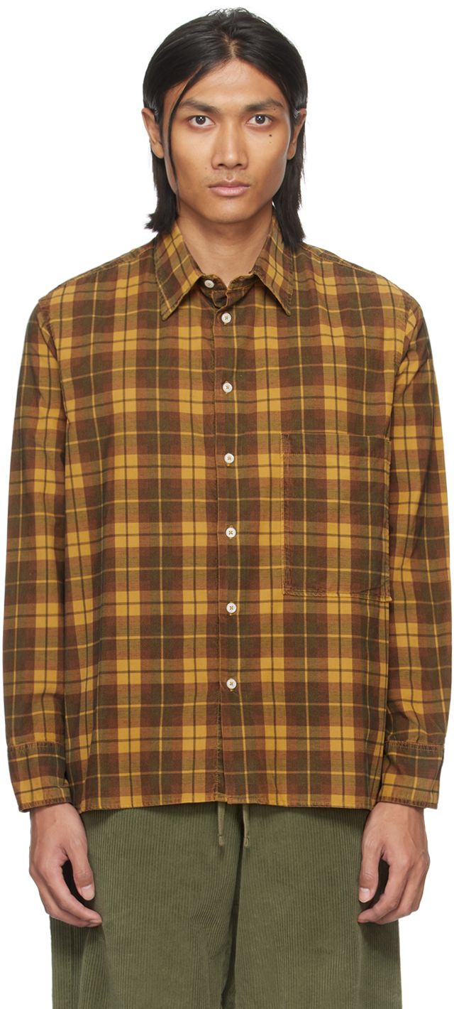 Overdyed cotton corduroy shirt. Check pattern throughout. · Spread collar · Button closure · Patch pocket at chest · Shirttail hem · Adjustable single-button barrel cuffs · Pleats at back yoke Supplier color: Mustard Classic Brown Shirt With Patch Pockets, Brown Cotton Shirt With Patch Pockets, Brown Cotton Shirt With Button Cuffs, Plaid Cotton Shirt With Welt Pockets, Retro Cotton Flannel Shirt With Button Closure, Brown Button-up Cotton Flannel Shirt, Cotton Flannel Shirt With Patch Pockets, Vintage Brown Cotton Flannel Shirt, Vintage Shirt With Button Cuffs And Relaxed Fit