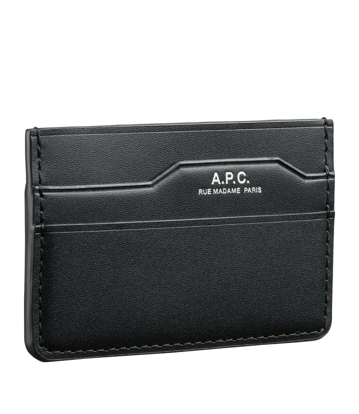 A.P.C. Men's cardholder.- Smooth vegetable-tanned leather.- Three slots for cards, one with a notch like a folder.- A.P.C. logo embossed in silver. Modern Card Holder With Card Slots, Rectangular Card Holder With Embossed Logo For Formal Use, Classic Wallets With Engraved Logo For Everyday Use, Classic Business Wallet With Engraved Logo, Classic Business Wallets With Engraved Logo, Classic Wallets With Embossed Logo, Rectangular Business Wallet With Embossed Logo, Modern Rectangular Card Holder, Formal Rectangular Card Holder With Embossed Logo