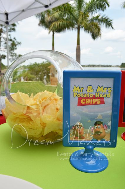 chips are on the table next to a book and cd case at an outdoor party