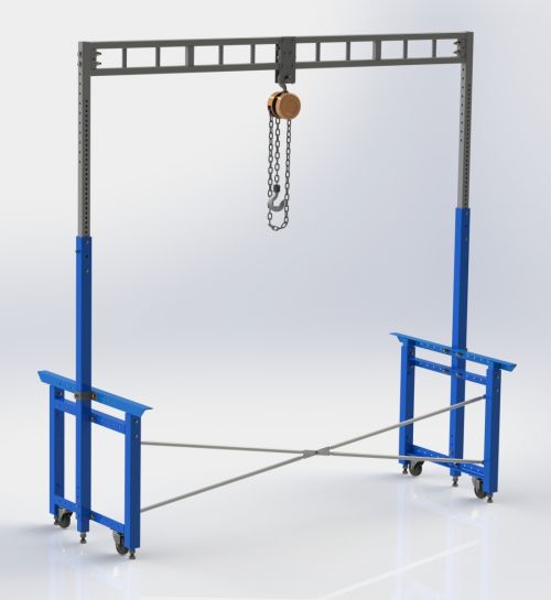 a set of two blue lifts with chains hanging from the top and bottom, on white background