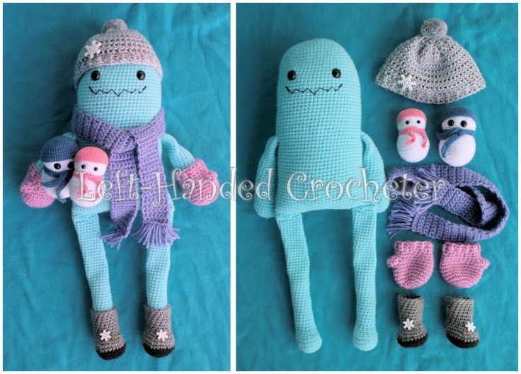 crocheted stuffed animals in hats and scarves on a blue blanket with text overlay that says free crochet pattern