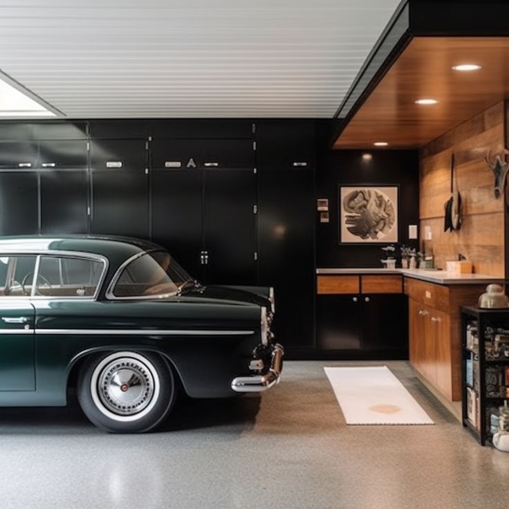 an old car is parked in a garage with wood paneling on the walls and ceiling