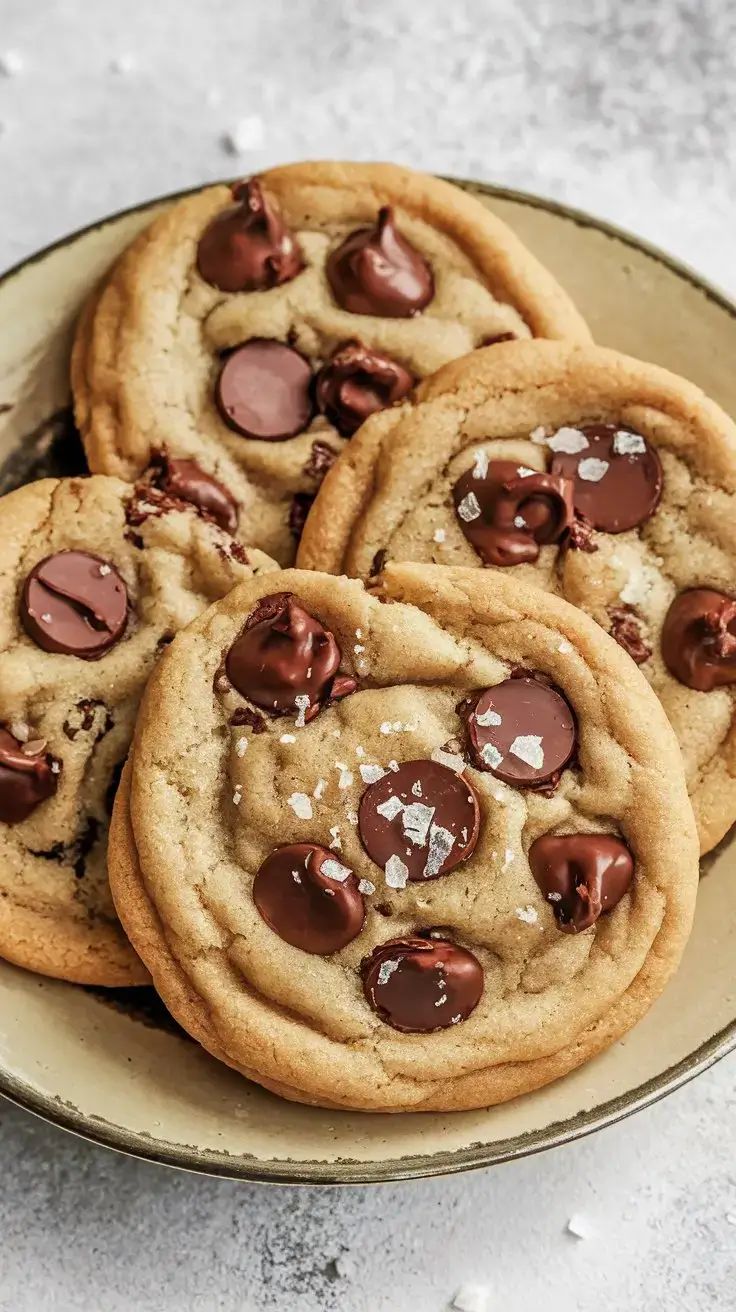 chocolate chip cookies on a plate with sprinkles and sea salt in the middle