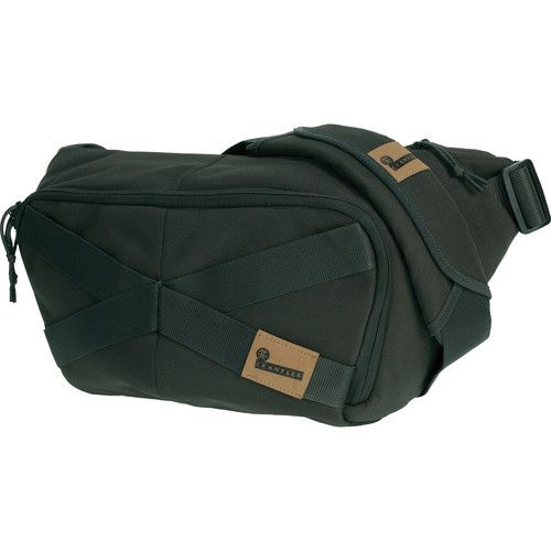 a black fanny bag with brown straps on the front and side pockets that are closed