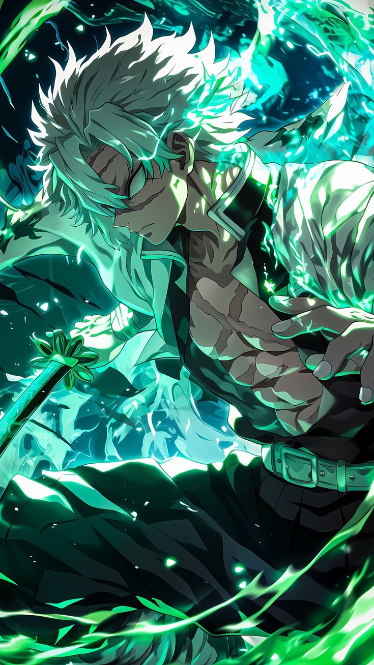 an anime character with white hair and green eyes is in the middle of some water