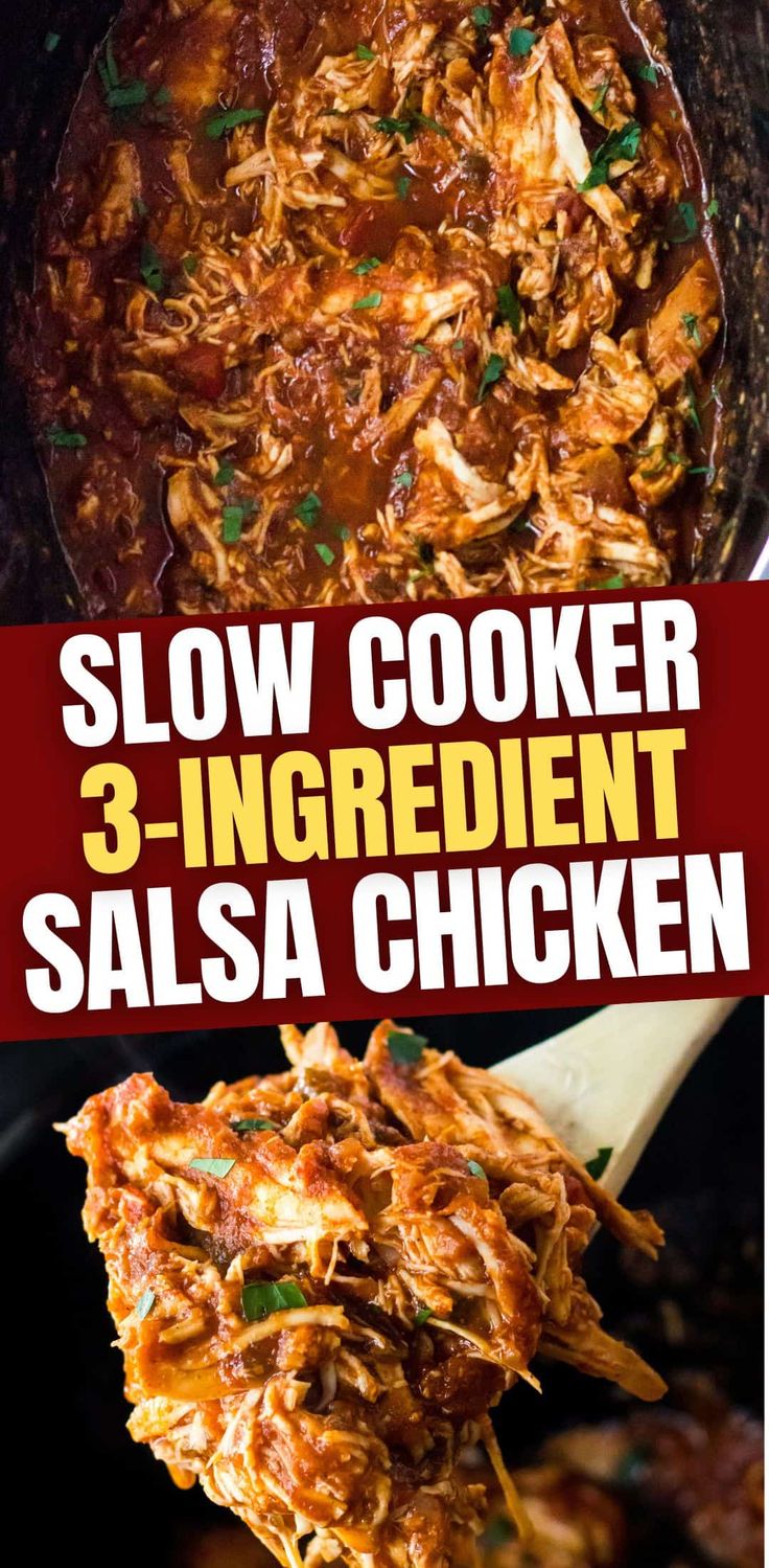 slow cooker 3 ingredient salsa chicken recipe in a skillet with text overlay