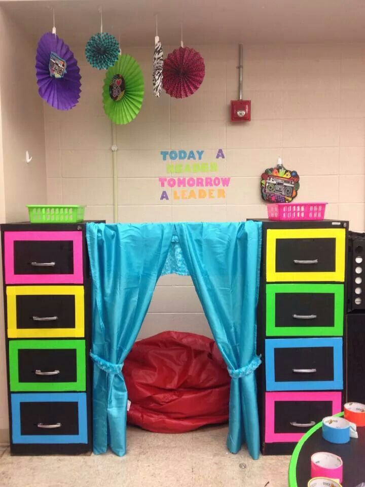 an office cubicle decorated in bright colors