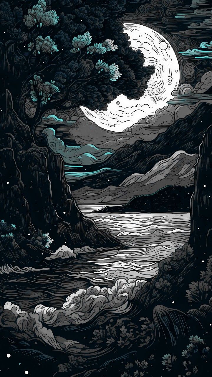 a black and white drawing of a night scene with the moon in the sky above water