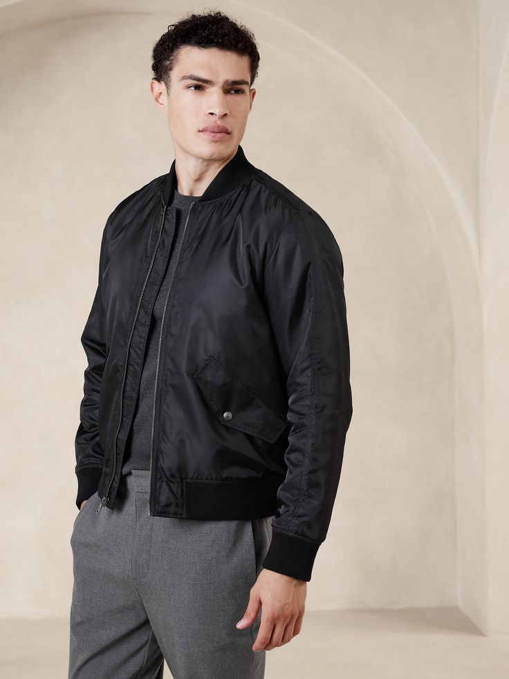 Bomber Jacket | Banana Republic Factory Fitted Collared Outerwear With Ribbed Cuffs, Classic Spring Outerwear With Zip Cuffs, Casual Collared Outerwear With Zip Cuffs, Casual Workwear Outerwear With Zip Cuffs, Urban Outerwear With Ribbed Cuffs For Work, Fitted Outerwear With Ribbed Cuffs And Stand Collar, Urban Outerwear With Zip Cuffs For Work, Urban Outerwear With Ribbed Collar For Workwear, Fitted Outerwear With Ribbed Cuffs For Work