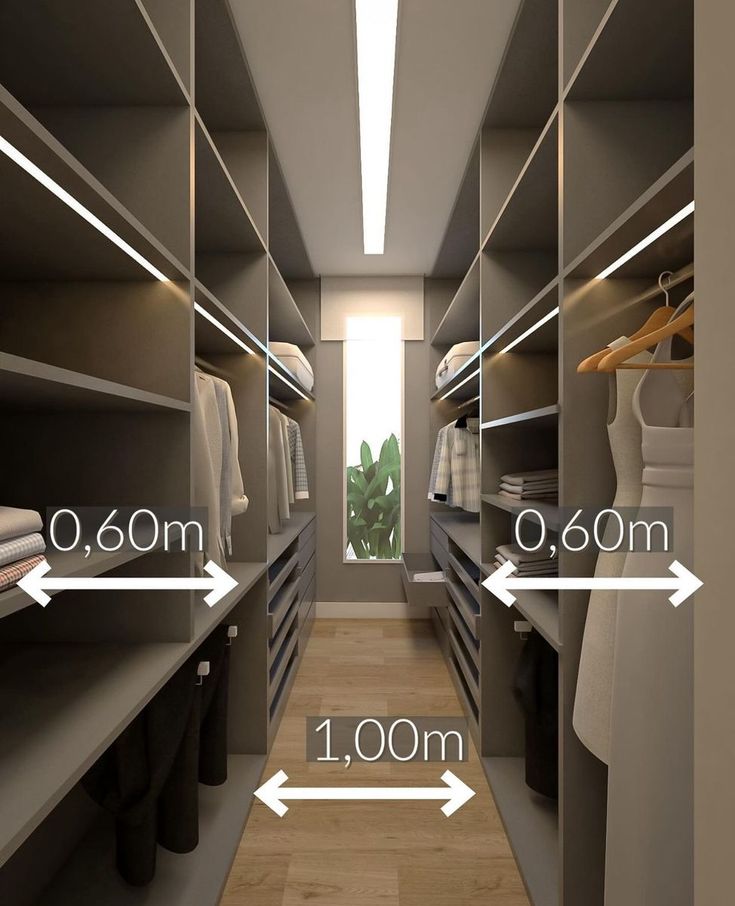 an image of a walk in closet with clothes on the shelves and floor length chart