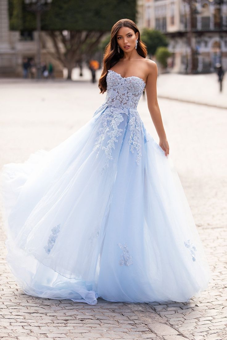 Estafania - Baby Blue Beaded Tulle Gown with A-Line Skirt & Side Slit Blue Lace Wedding Dress, Blue Wedding Gowns, Ethereal Gown, Blue Wedding Dress, White Bridal Dresses, Light Blue Wedding, Prom Dress Ideas, Bridal Dresses Lace, Lace Beach Wedding Dress