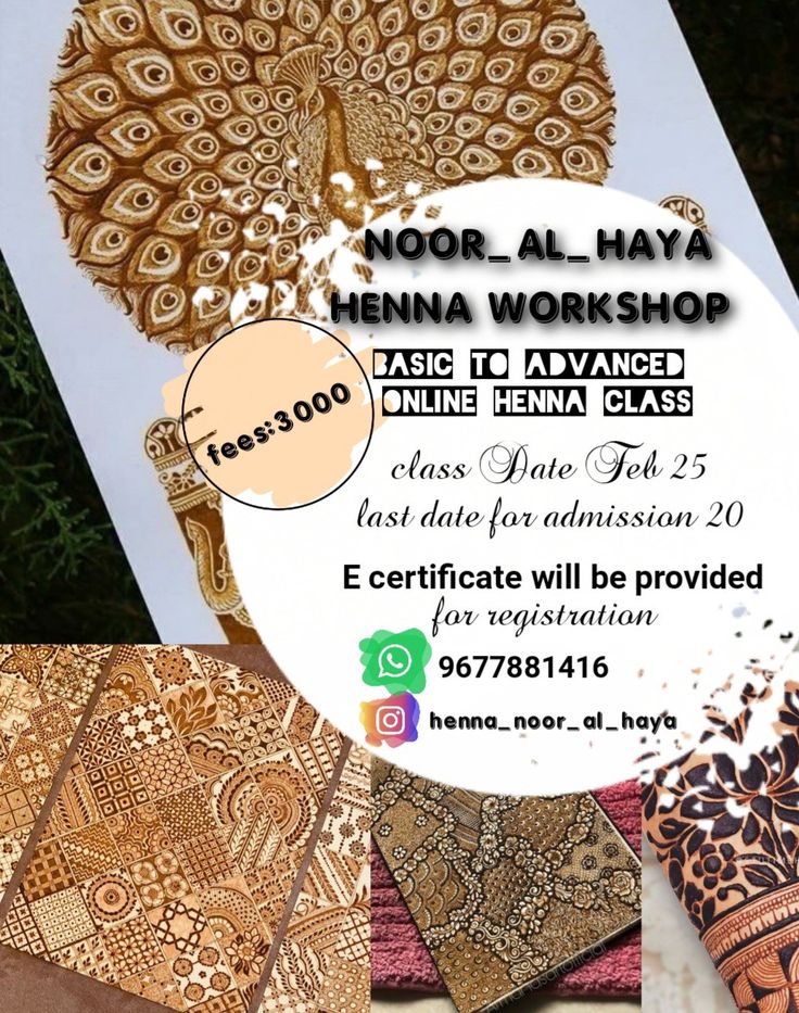 Online Mehendi class
✨@henna_noor_al_haya 
Date: February 25
Days : 30 days
Batch 1 : 9 to 11 am
Batch 2 : 7 to 9 pm

✨E-certificate will be given
✨All materials will be given
Henna powder
Essential oil
Cello sheet
Rolled cones
Henna cones
Pins


✨Course includes
Basic to advanced class, the class will be conducted from line to bridal figures.
✨All tips and tricks will be shared for each and every designs
✨Organic Henna cone making sealing will be taught.
✨Business ideas will be given

✨The clas Mehndi Classes Poster, Salon Advertising Ideas, Henna Powder, Organic Henna, Class Poster, Basic Mehndi, Full Hand Mehndi, Advertising Ideas, Henna Cones