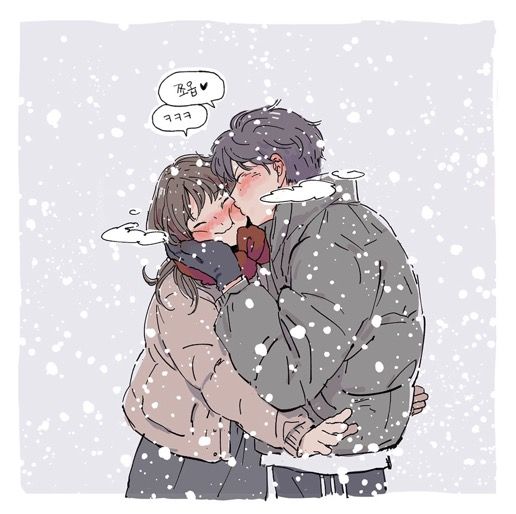 a couple kissing in the snow with a thought bubble above them that says we're here