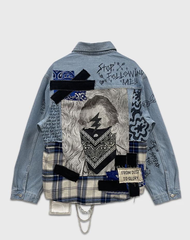 Jean Jacket Art Ideas, Jaket Jeans Custom, Streetwear Moodboard, Grunge Denim Jacket, Denim Jacket Diy, Collage Jacket, Mens Jean Jacket, Reworked Jacket, Reworked Clothes