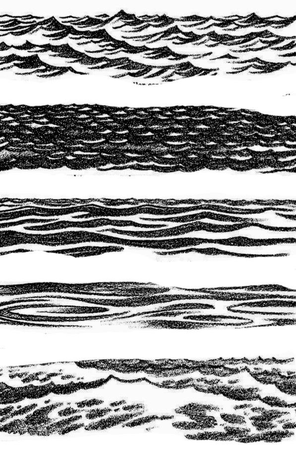 four black and white images of waves in the ocean, each with their own line drawing