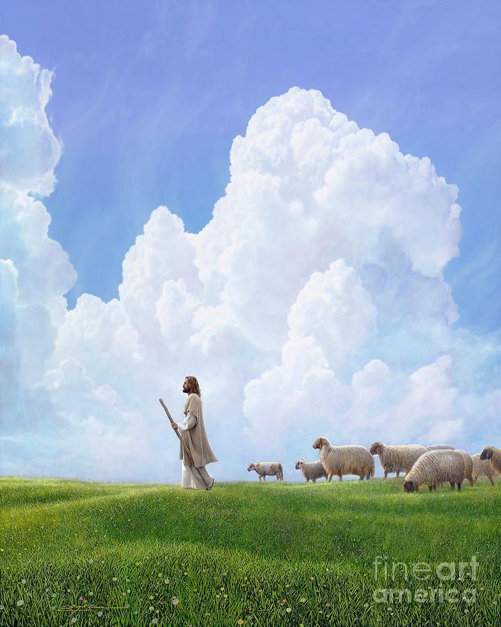 a painting of jesus walking with sheep in a field under a cloudy blue sky and white clouds