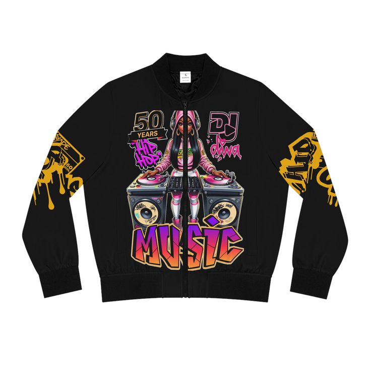 Celebrate 50 years of hip-hop culture with this exclusive Bomber Jacket featuring a stunning, confident female Diva DJ. She exudes style in her pink hoodie, skinny jeans, and matching pink boots. in front of her, two sleek turntables sit atop massive black speakers, ready to drop the beats that have defined a half-century of hip-hop. The centerpiece of this artwork is the bold graffiti-style word "MUSIC" displayed at the bottom, capturing the essence of the culture that has shaped generations. Embrace the rhythm and style of hip-hop with this cool, limited-edition Bomber Jacket.  Few items are as iconic as the bomber jacket - and this one takes things to a whole new level. Featuring a stand-collar type, ribbed cuffs, collar, and hem, it's as durable as it's comfortable. Add drip to your st Casual Graphic Print Outerwear For Concerts, Pink Punk Outerwear For Streetwear, Trendy Fitted Outerwear For Concerts, Punk Graphic Print Outerwear For Streetwear, Fitted Graffiti Print Outerwear For Streetwear, Fall Graffiti Print Outerwear For Streetwear, Fall Streetwear Outerwear With Graffiti Print, Black Speaker, Pink Boots